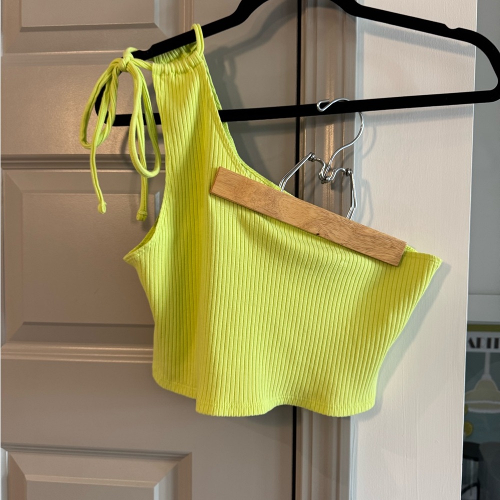 Lime Green One-Shoulder Ribbed Crop Top